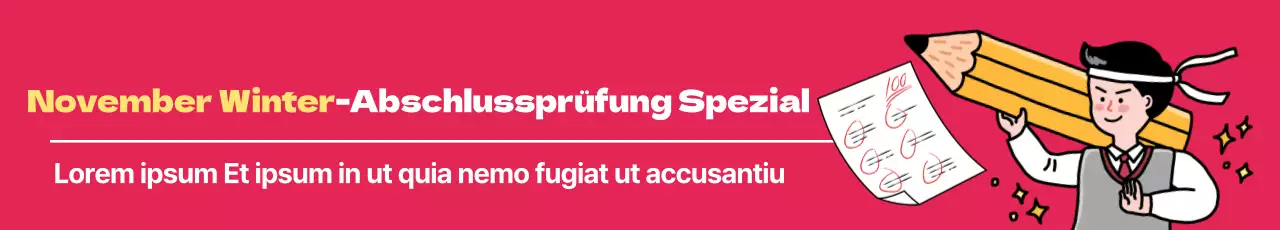 Werbung für Abschlussprüfungen mit Schülerillustrationen auf rosa Hintergrund