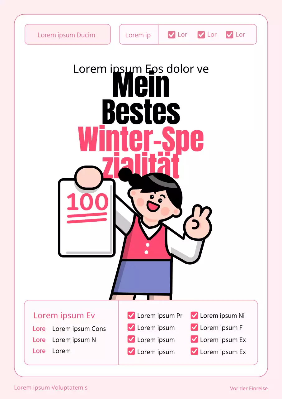 Werben Sie für eine Schule mit einem Konzept für Prüfungsunterlagen, das eine Illustration eines Schülers zeigt, der eine rosa Prüfungsarbeit in der Hand hält.