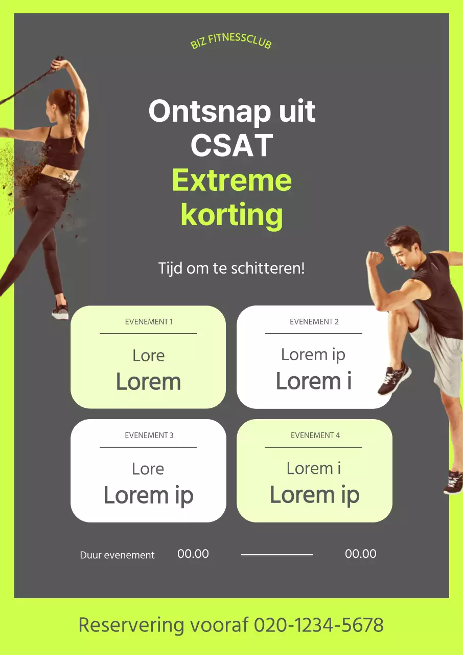 Een poster voor een examenevenement in de sportschool met foto's van fitte mensen en fluorescerende, chartreuse accenten.