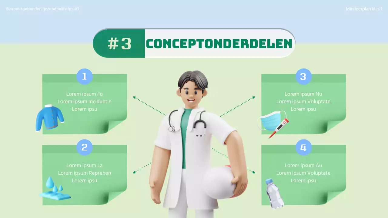 Inleiding tot het concept van seizoensgebonden gezondheidszorg met 3D-illustraties in chartreuse en lichtblauw.