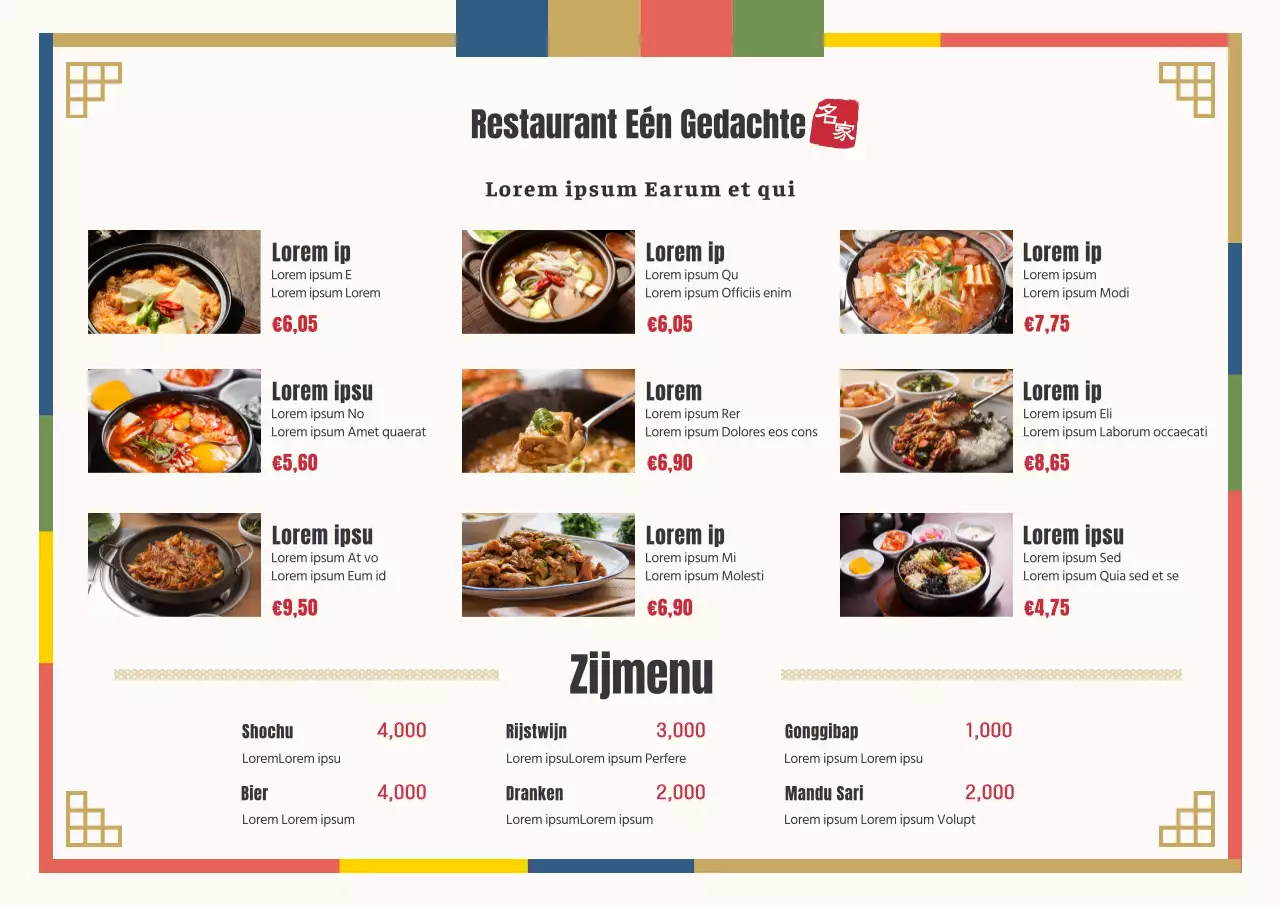 Meertalige menuborden met tekst en illustraties van voedselfotografie voor Koreaanse restaurantmenu's