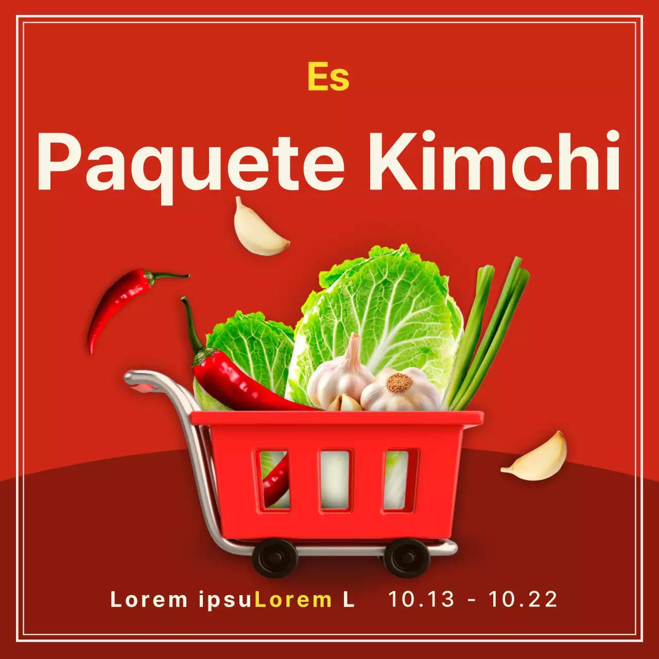 Anuncio de un paquete básico de kimchi rojo y amarillo.