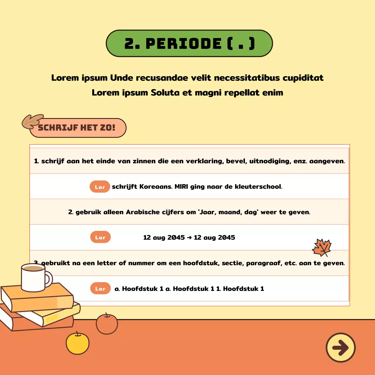 Koreaans lesmateriaal met schattige illustraties in geel en oranje