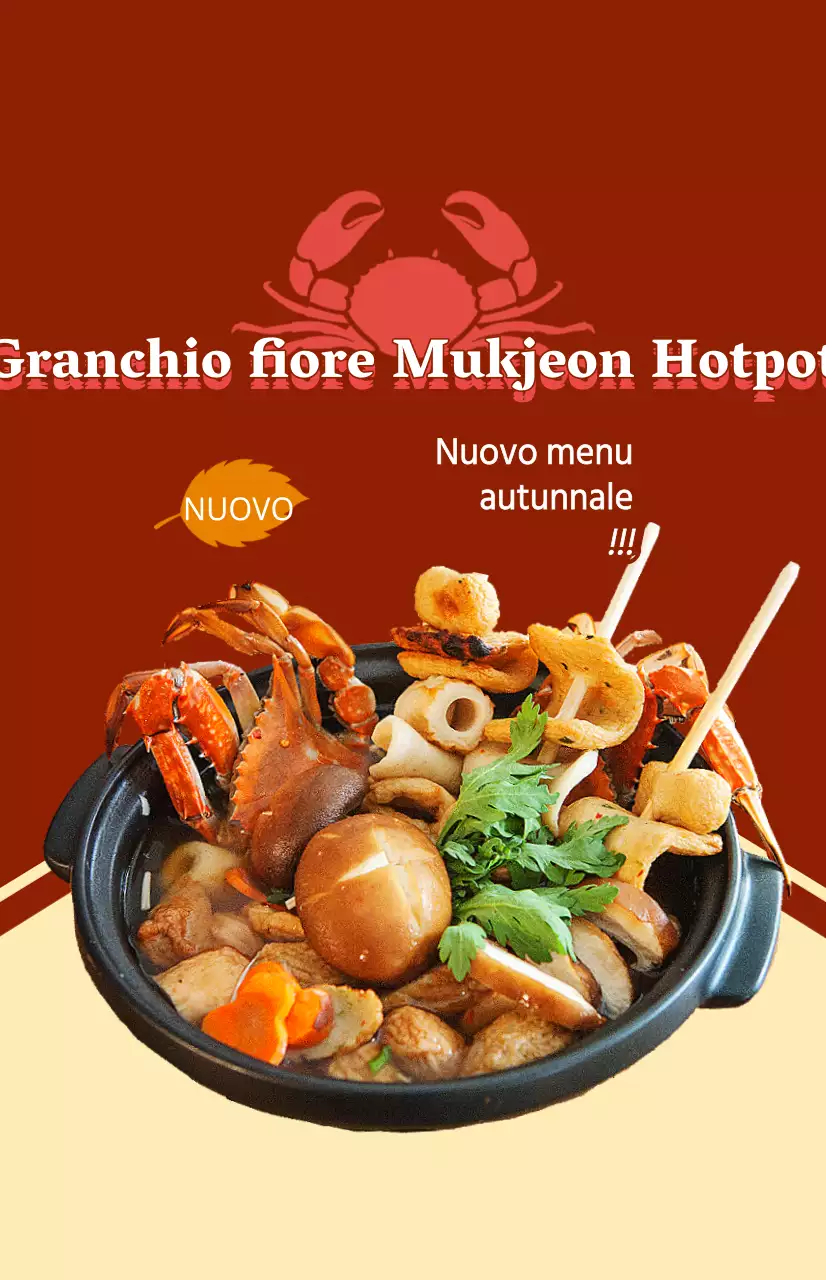 Un pezzo promozionale per un nuovo menu autunnale con testo e illustrazioni per un piatto a base di granchi blu.