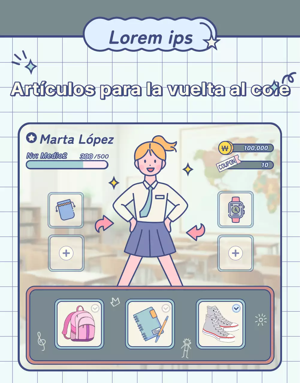 Artículos para la vuelta al cole con elementos de pizarra pastel y pantalla de juego