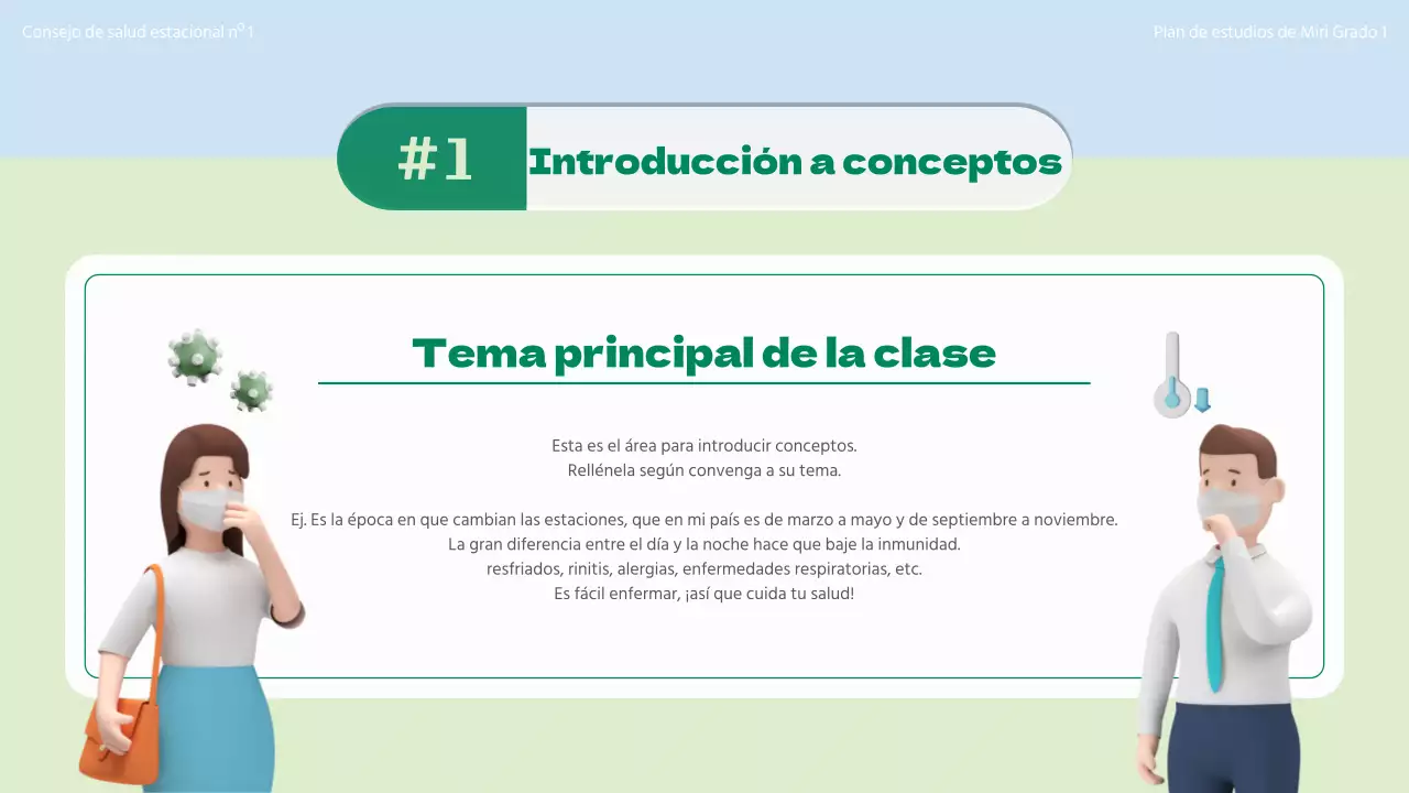 Introducción al concepto de atención sanitaria estacional con ilustraciones en 3D en colores chartreuse y azul claro.