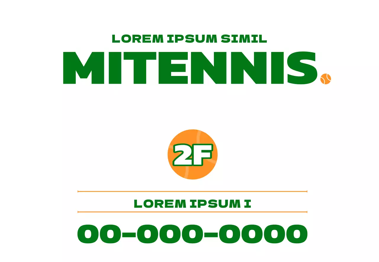 Promozione di una scuola di tennis con un'illustrazione di oggetti da tennis in verde e arancione.