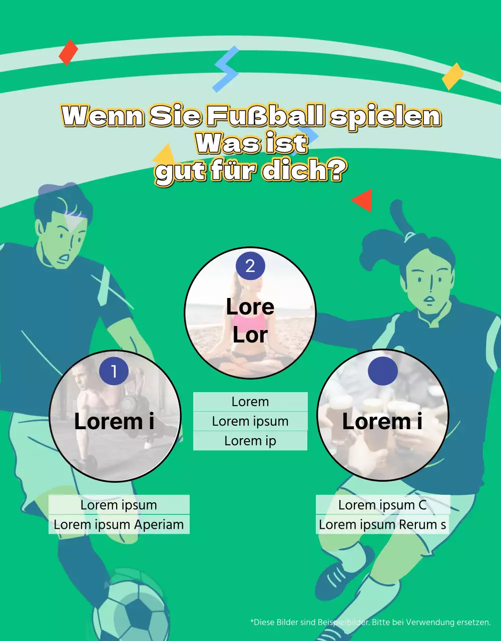 Werbeflyer für den Frauenfußball mit einem Bild eines grünen Fußballfeldes