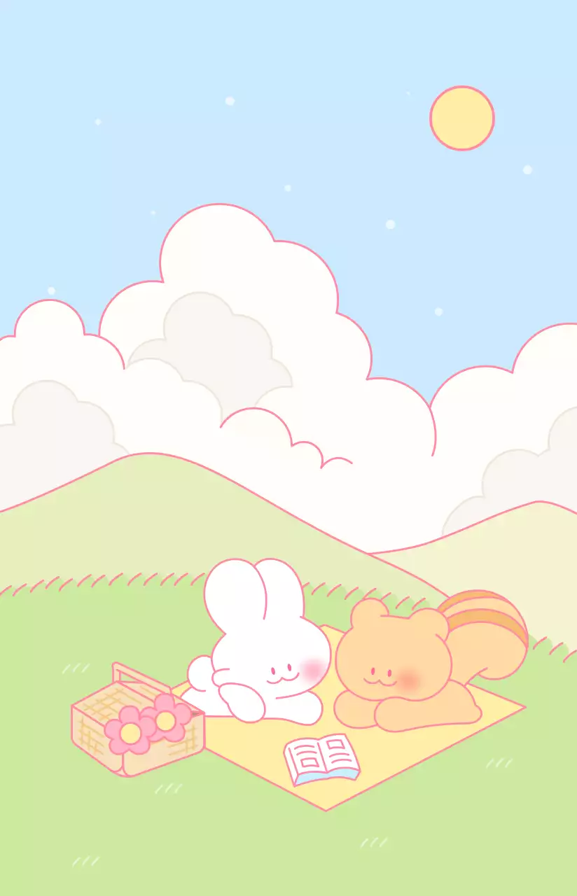 Produits dérivés présentant des illustrations colorées d'une journée dans la vie des personnages du lapin et de l'écureuil.