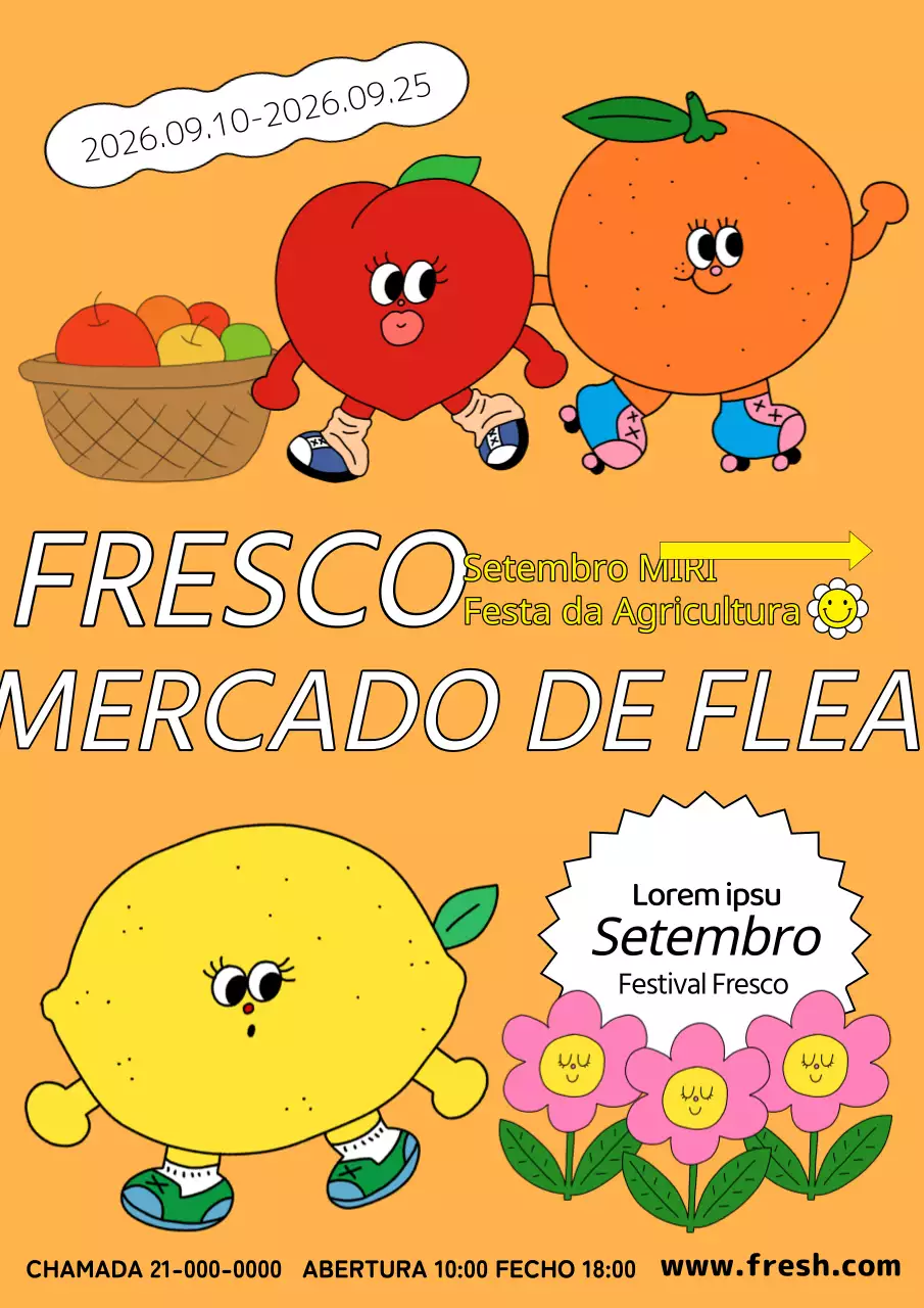 Promover as festas agrícolas com personagens de fruta sobre fundos cor de laranja
