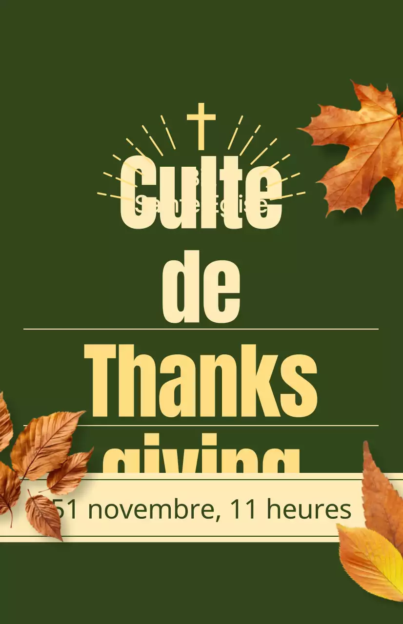 Promotion du service d'automne d'une église avec un texte relatif à l'action de grâce et une photo illustrant des feuilles en train de tomber.