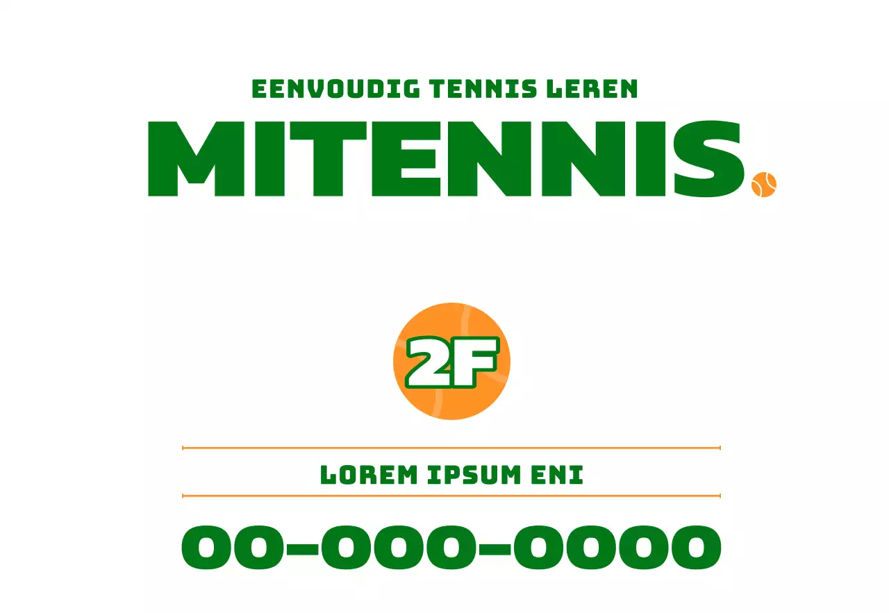 Promotie van een tennisschool met een illustratie van tennisparafernalia in groen en oranje.
