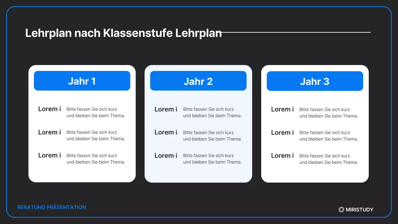 Eine minimalistische Zulassungspräsentation in Schwarz und Blau