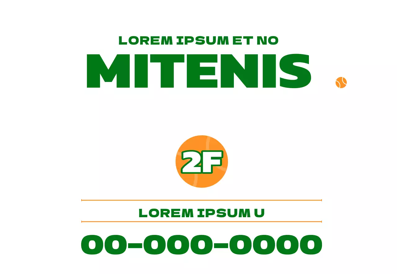 Promoción de una escuela de tenis con una ilustración de parafernalia de tenis en verde y naranja.