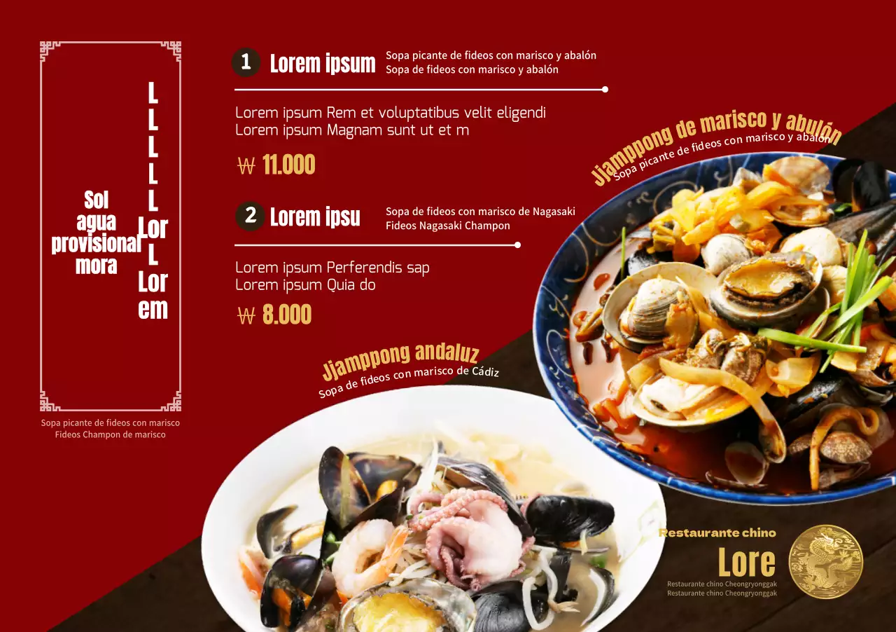 Presentar el menú de un restaurante chino con una gran foto de un jjamppong rojo y negro de inspiración oriental.