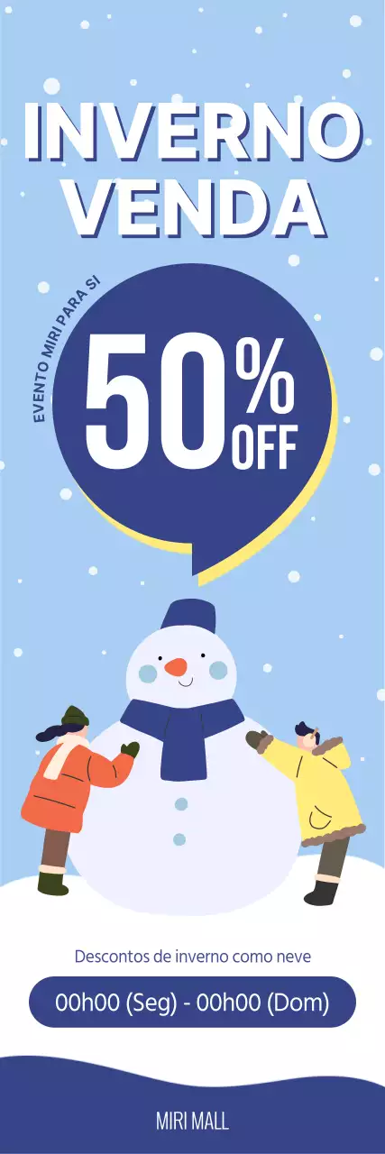 Uma promoção de compras de inverno com uma ilustração gira de um boneco de neve de inverno e um esquema de texto que realça o desconto.