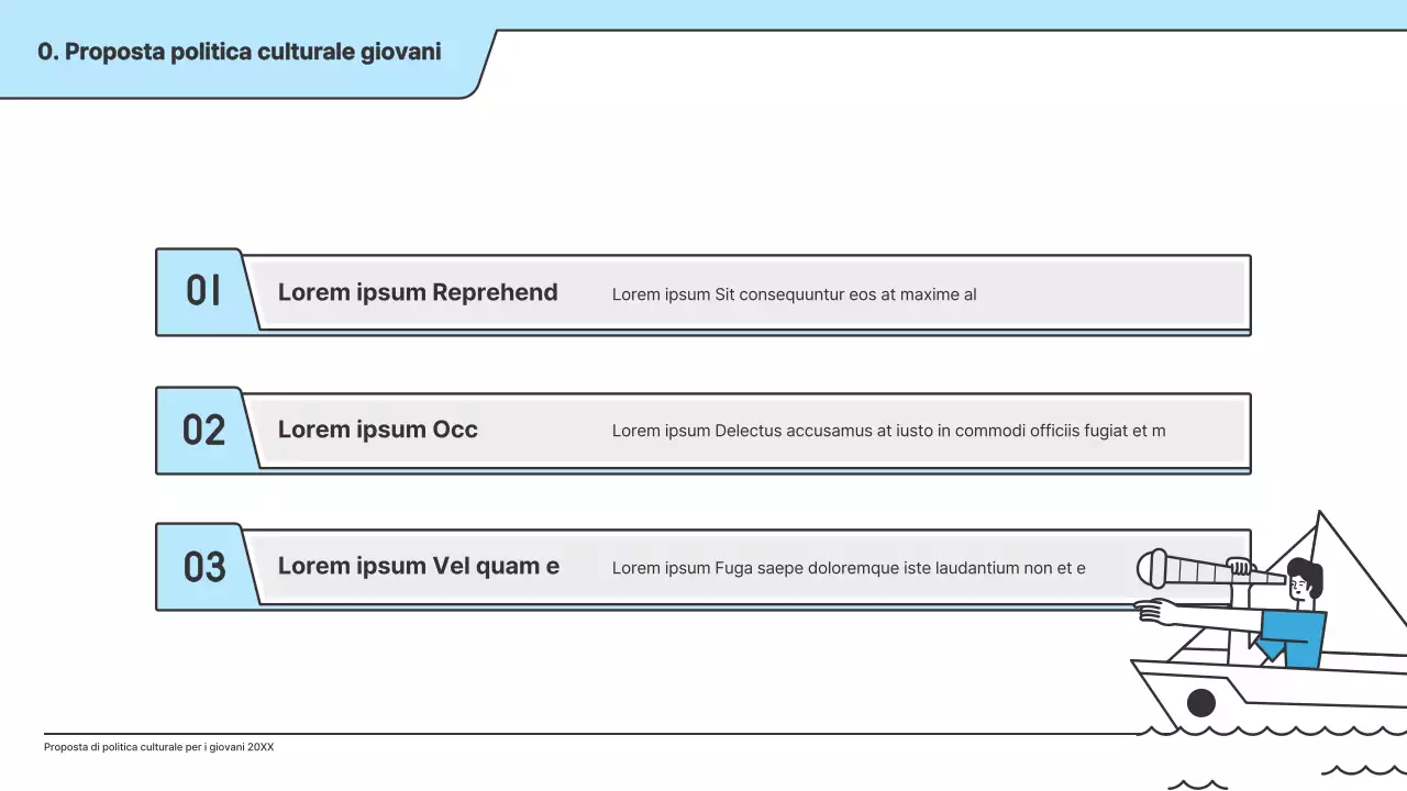 Una proposta politica con un'illustrazione pulita in azzurro e una forma a punto indice.