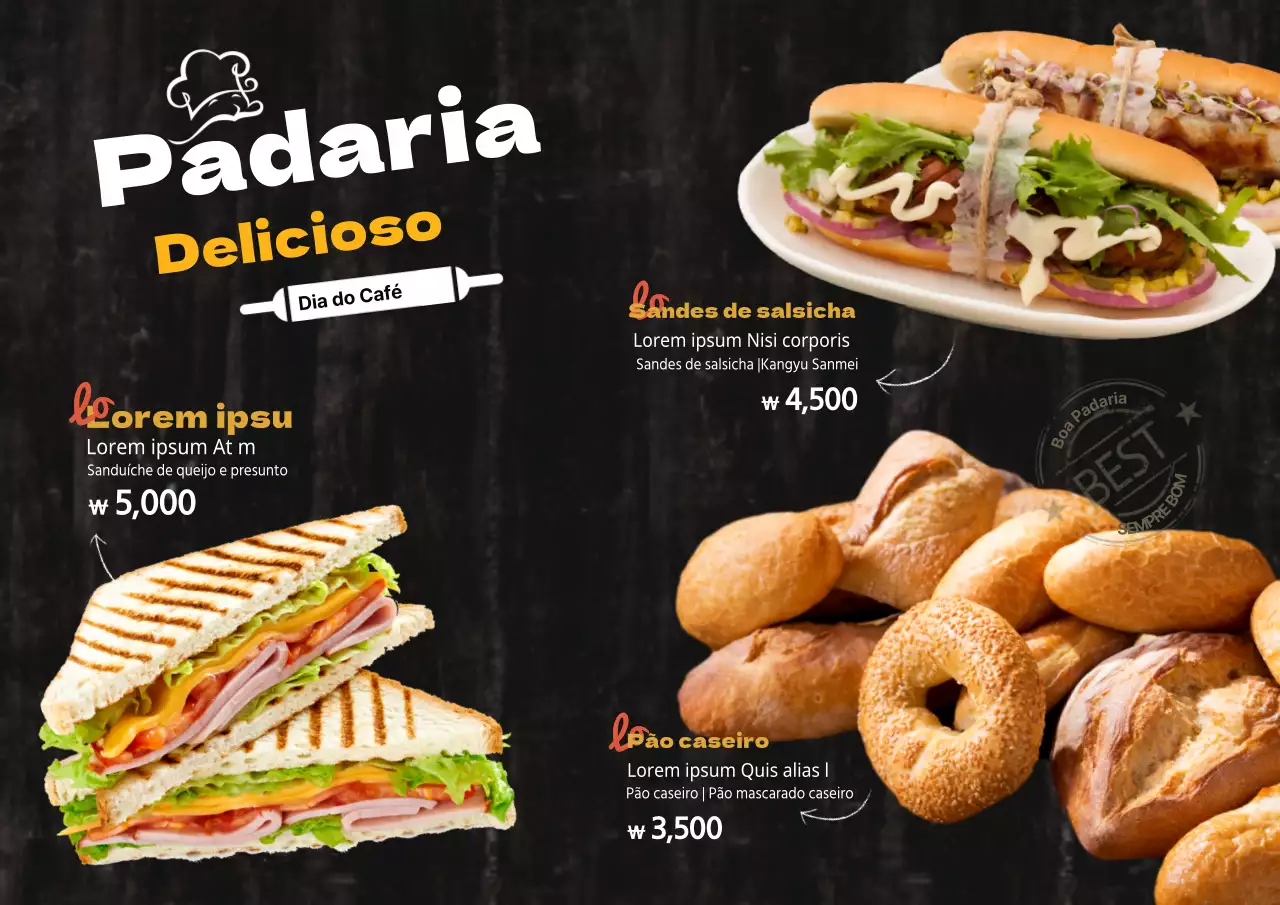Padaria Um quadro de menu multilingue com texto e fotografias de alimentos para um novo produto de padaria.