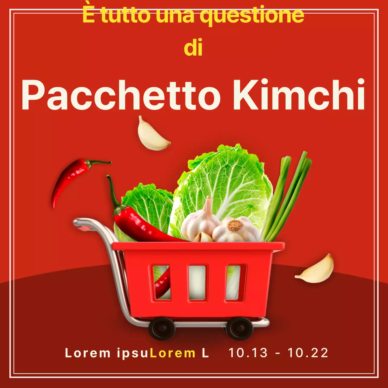 Pubblicità per una confezione base di kimchi rosso e giallo.
