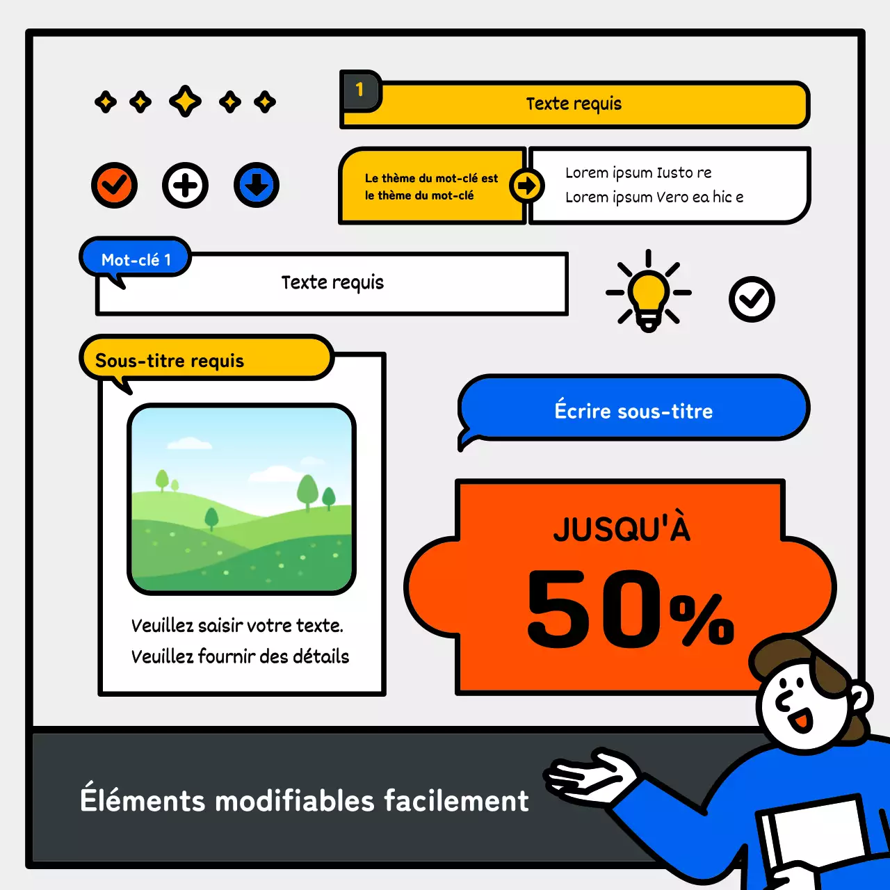 Illustration simple et mignonne avec des accents bleus, rouges et jaunes