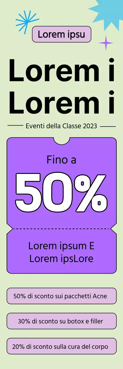 Uno sconto dermatologico per chi sostiene il test SAT, con un layout di caratteri enfatizzati e una grafica dalle forme pastello e immagini di coupon.