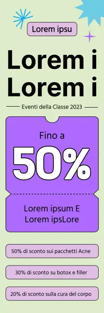 Uno sconto dermatologico per chi sostiene il test SAT, con un layout di caratteri enfatizzati e una grafica dalle forme pastello e immagini di coupon.