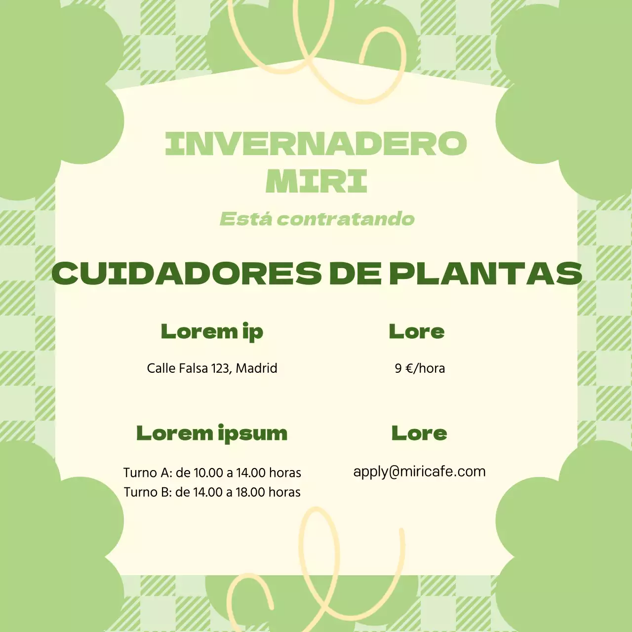 Anuncio de empleo con fondo verde a cuadros pastel y decoración floral V1