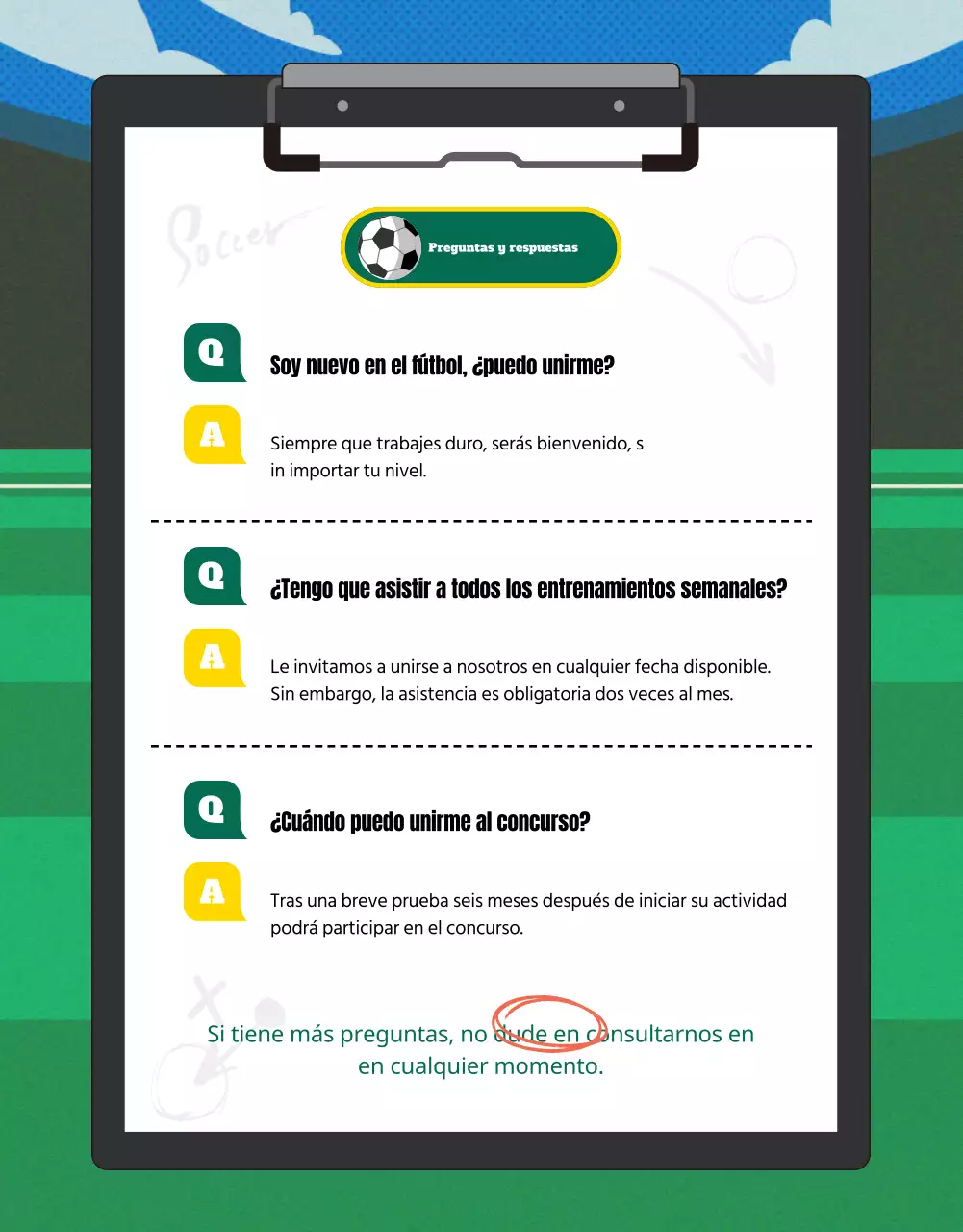 Reclutamiento para el equipo de fútbol femenino verde y amarillo