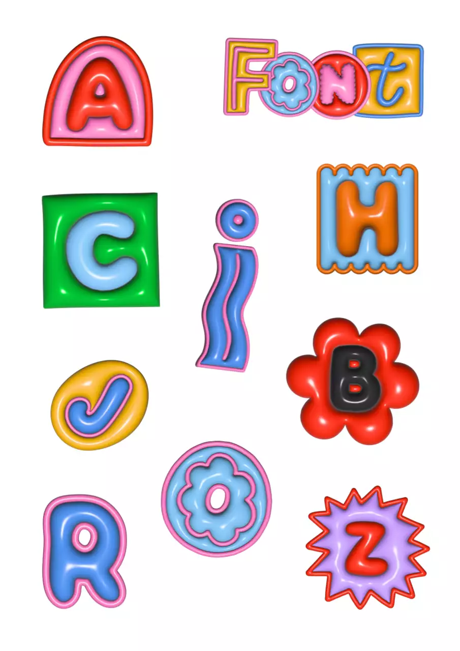 Kitscherige retro-zinnenstickers met kleurrijke, 3D-geïllustreerde tekst