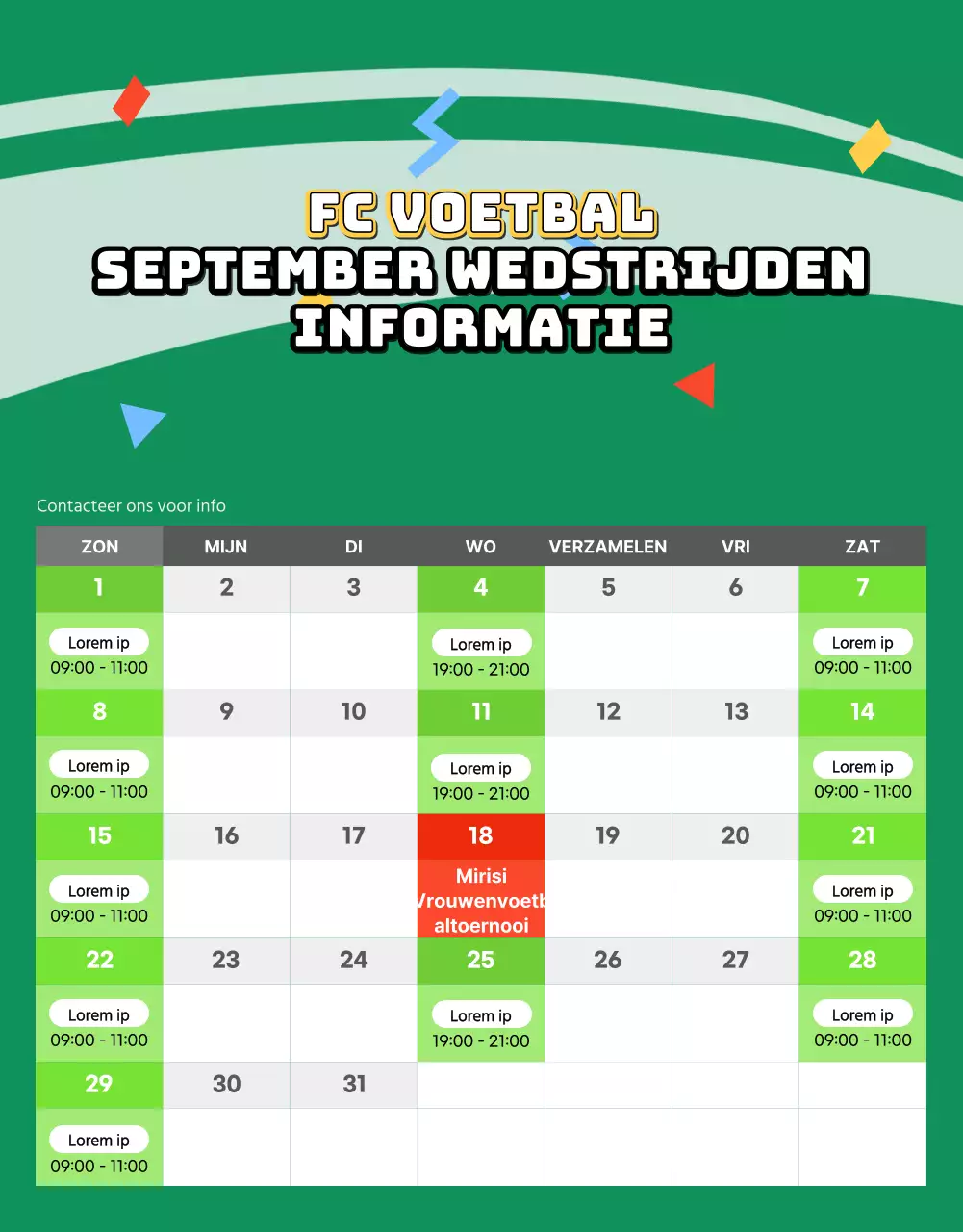 Rekruteringsflyer voor vrouwenvoetbal met een afbeelding van een groen voetbalveld