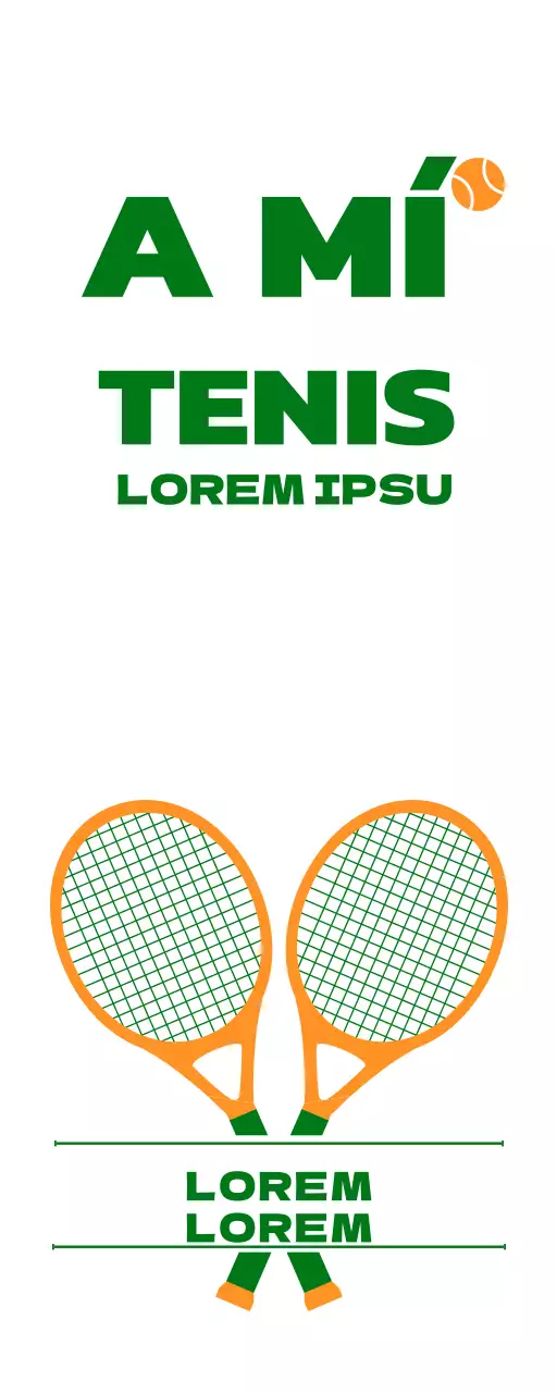 Promoción de una escuela de tenis con una ilustración de parafernalia de tenis en verde y naranja.