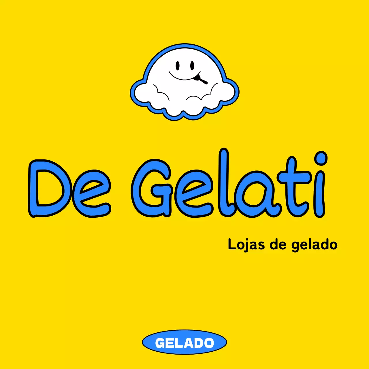 Promoção de uma loja de gelados com uma ilustração de uma personagem de gelado amarela e azul
