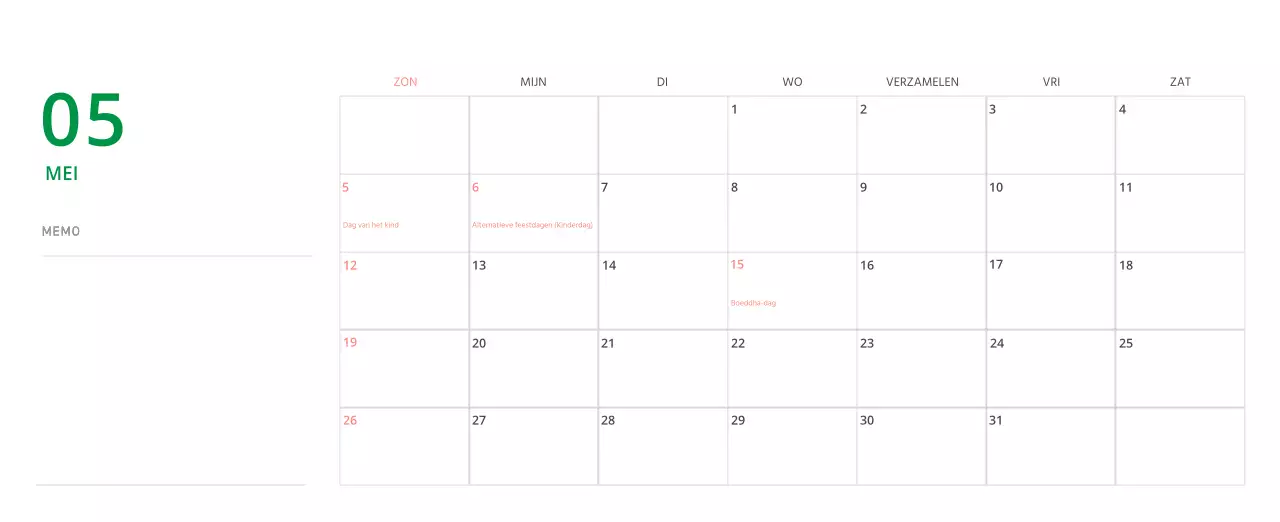 Schattige geïllustreerde groene bureaukalender met familiethema