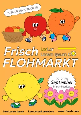 Werbung für landwirtschaftliche Feste mit Obstfiguren auf orangefarbenem Hintergrund