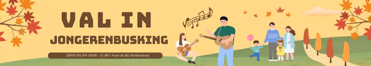 Busking banner met een illustratie van mensen die genieten van muziek tegen een herfstige esdoorn achtergrond