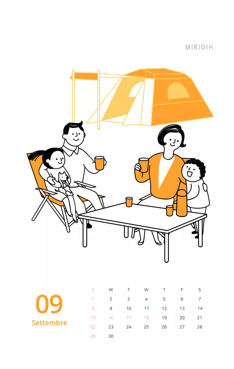 Simpatico calendario da tavolo illustrato verde a tema famiglia