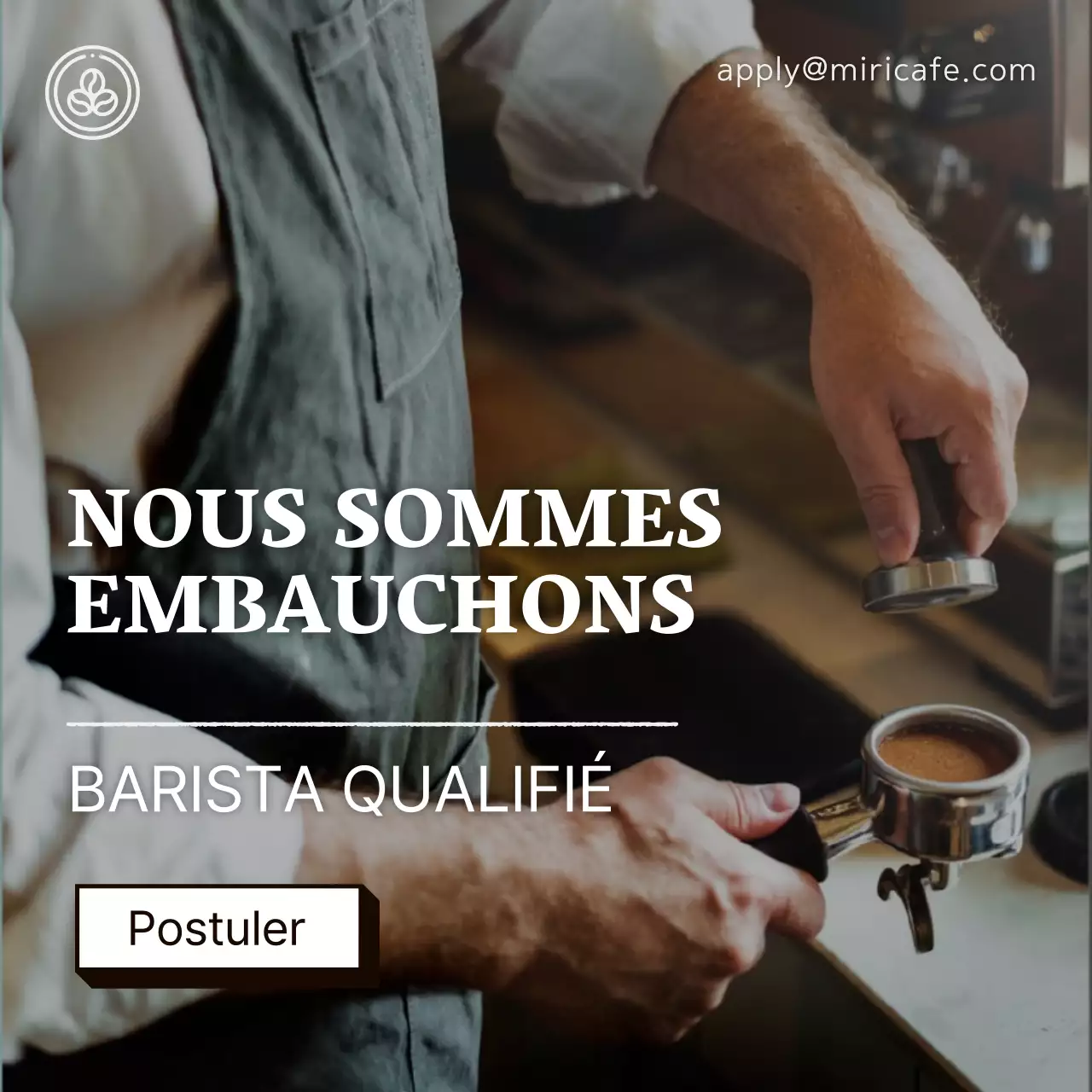 Offre d'emploi Barista avec photo sur fond sombre V1