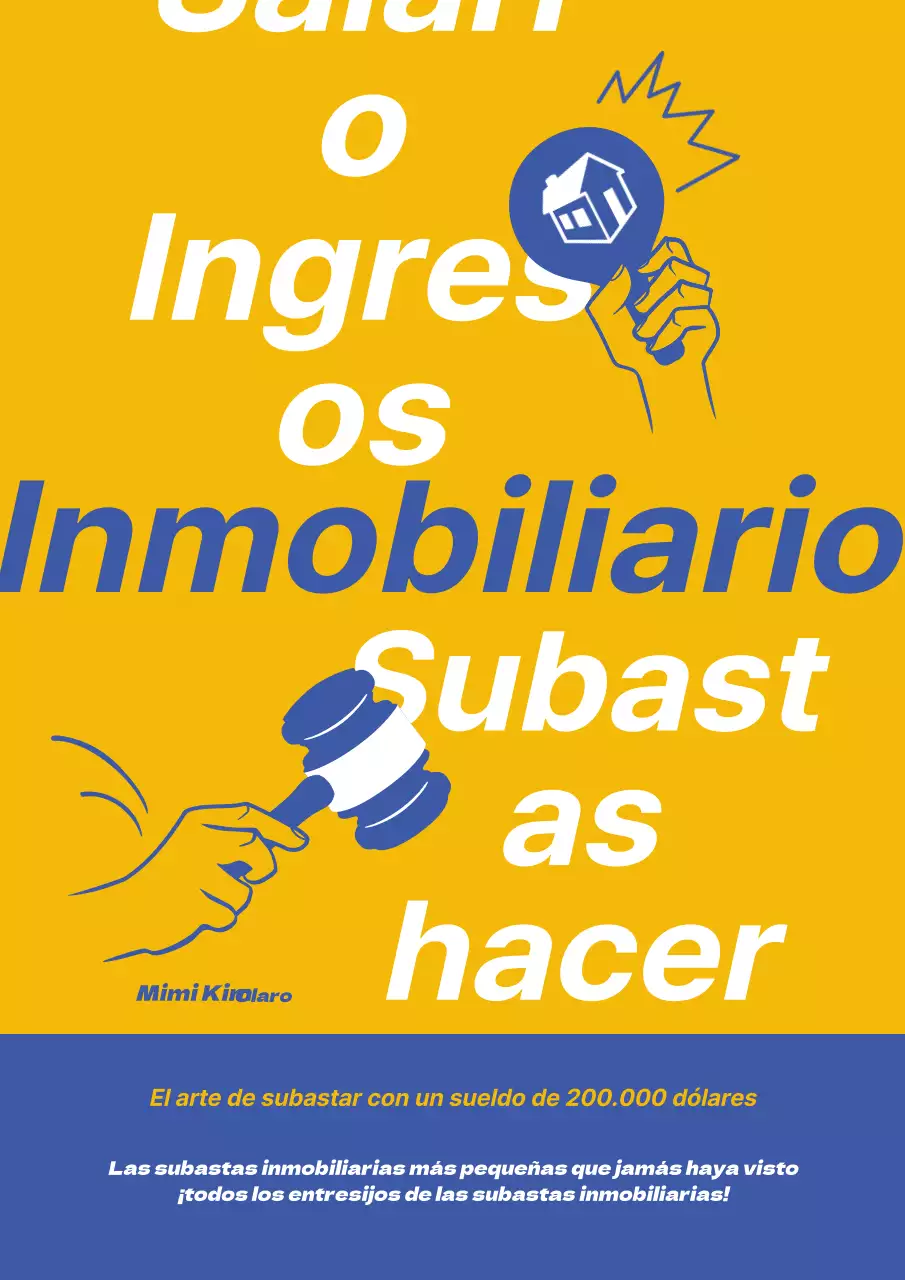 Portada sencilla de libro de subastas inmobiliarias en amarillo y azul