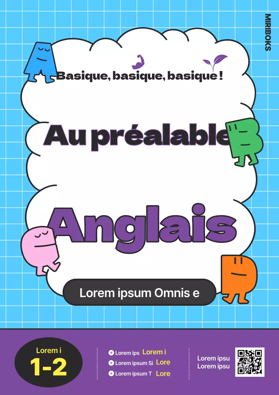 Manuel d'anglais primaire avec caractères alphabétiques bleu clair-violet