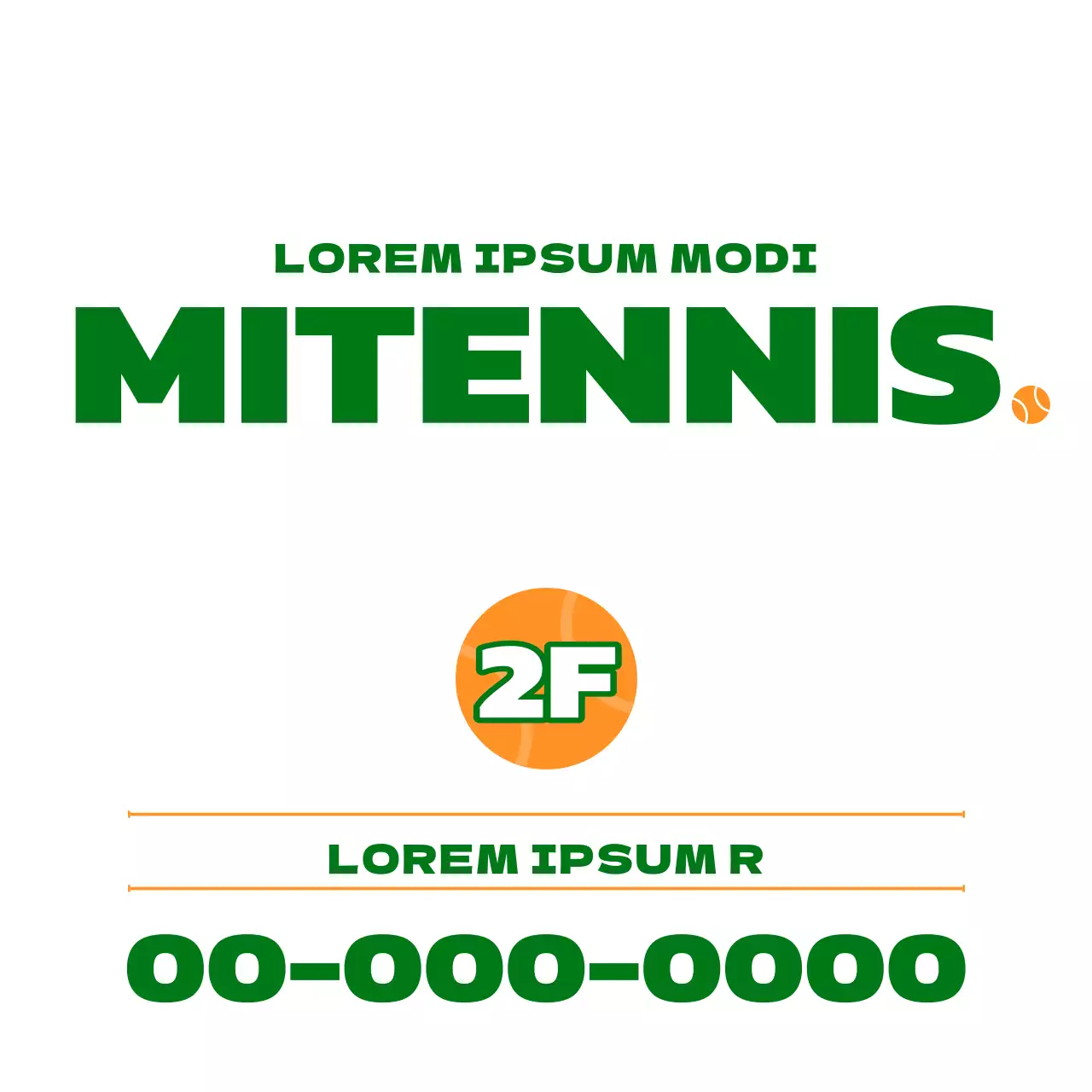 Promozione di una scuola di tennis con un'illustrazione di oggetti da tennis in verde e arancione.