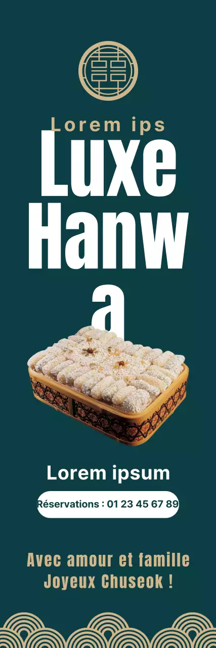 Promouvoir la pré-réservation des sets d'encas coréens de Chuseok avec des motifs coréens traditionnels sur un luxueux fond turquoise.