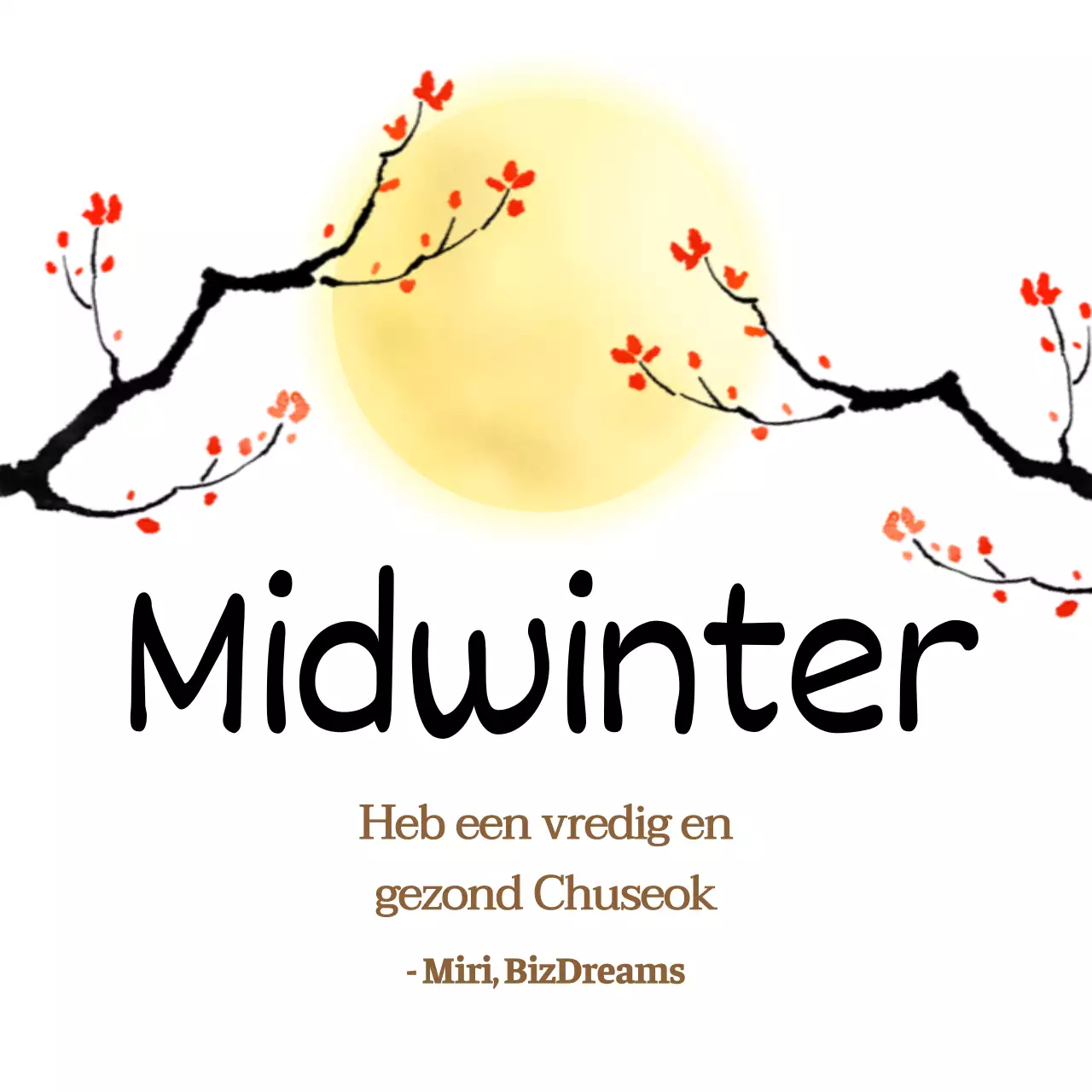 Mid-augustusgroet met gele volle maan en rode bloeiende boom op witte achtergrond