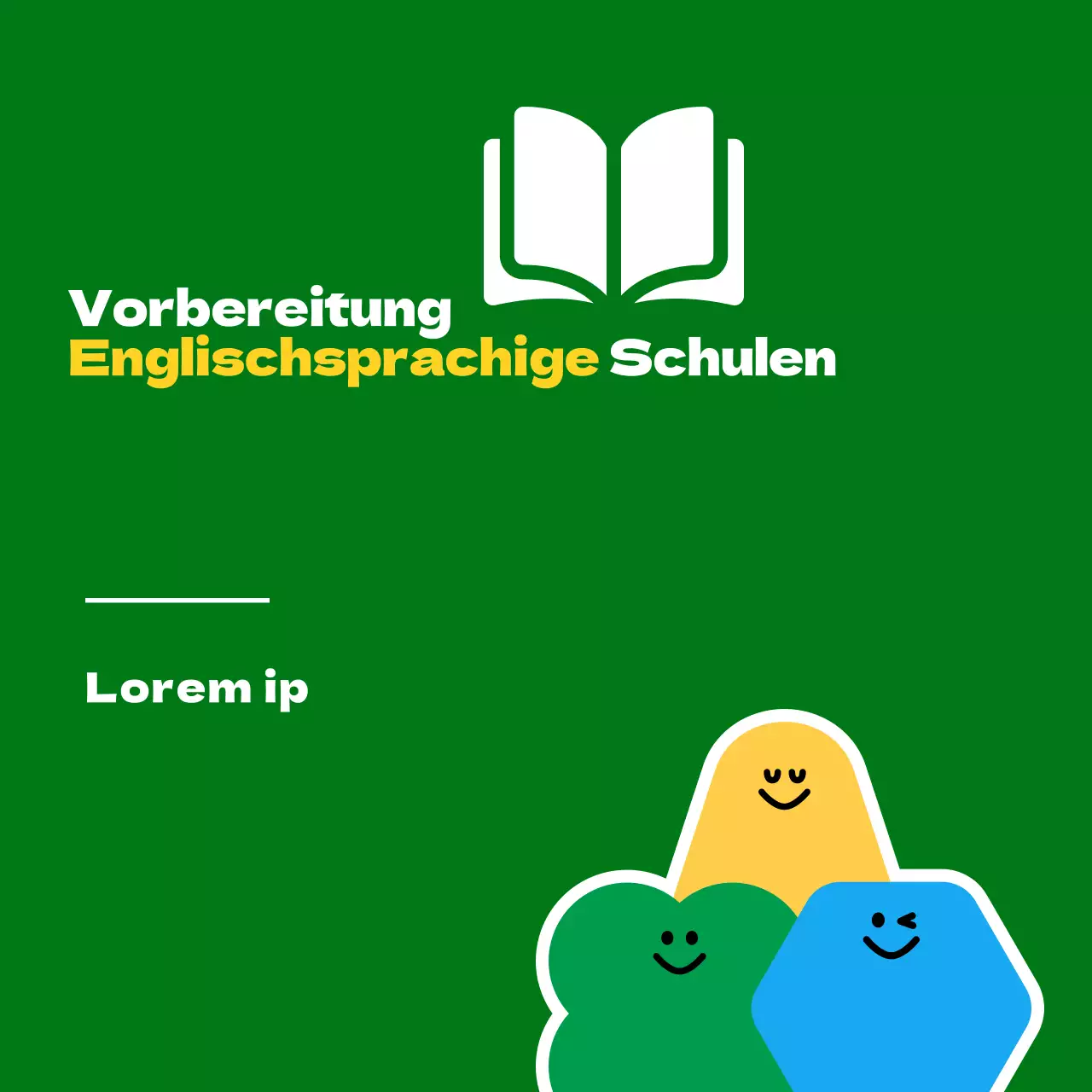 Für die Werbung für eine Englisch-Sprachschule für Grundschüler mit einer niedlichen grünen und gelben Cartoon-Figur-Illustration.