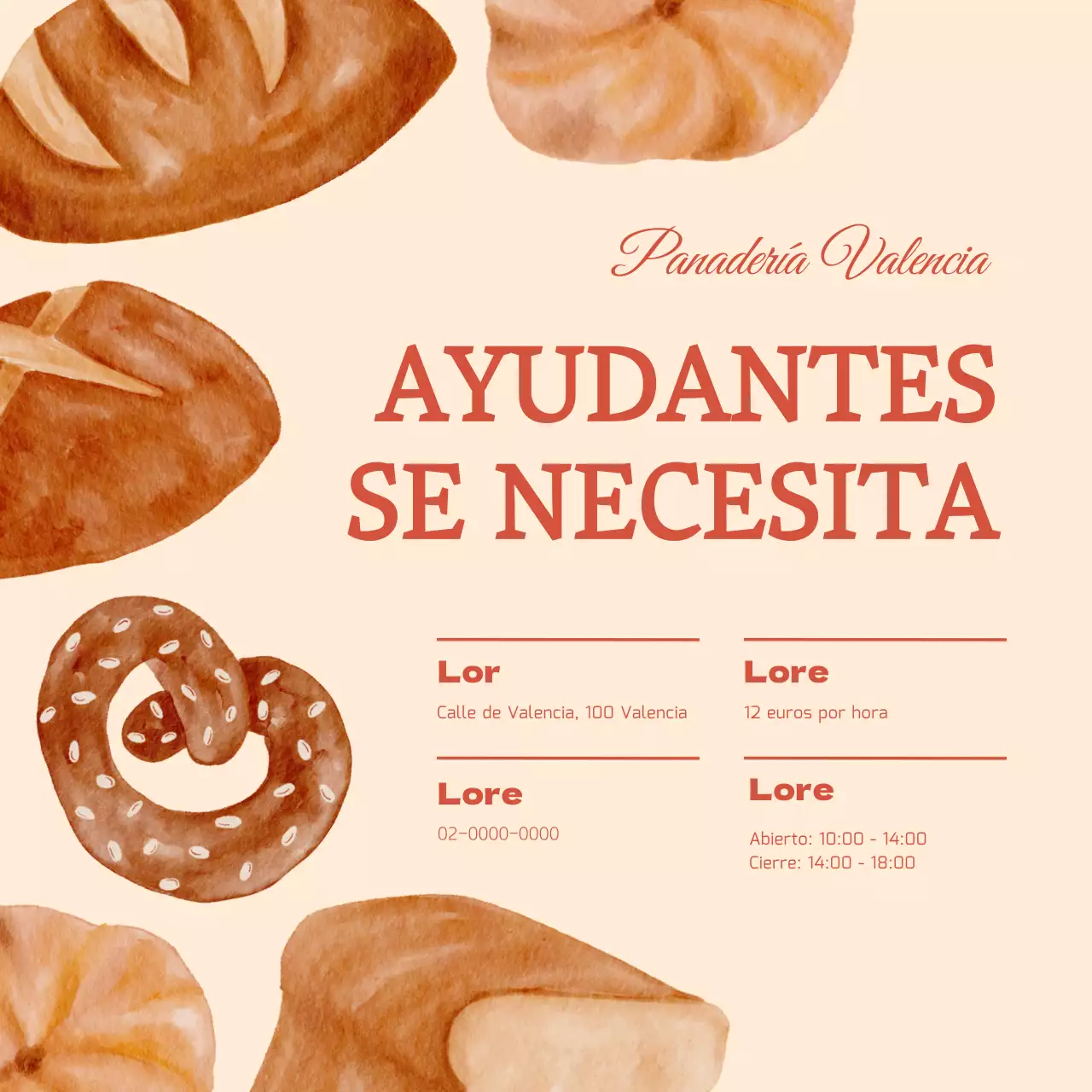 Anuncio de empleo para personal de panadería con fondo beige e ilustración de estilo vintage V2