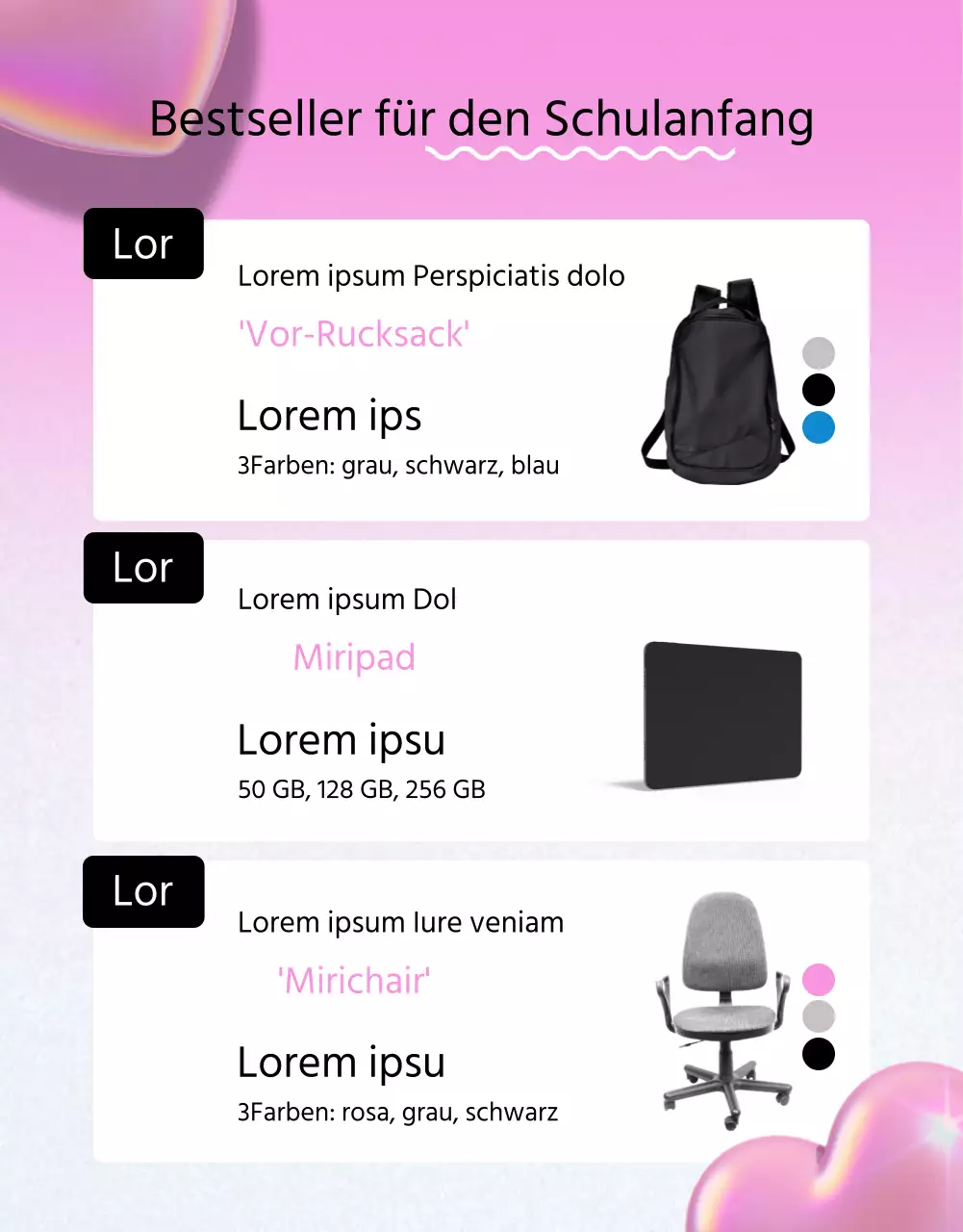 Schulanfangsfeier mit schwarzen und rosa 3D-Herzen