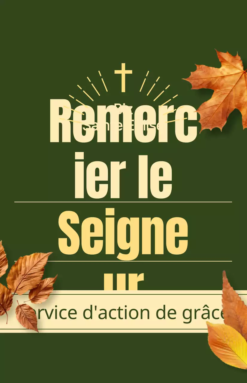 Promotion du service d'automne d'une église avec un texte relatif à l'action de grâce et une photo illustrant des feuilles en train de tomber.