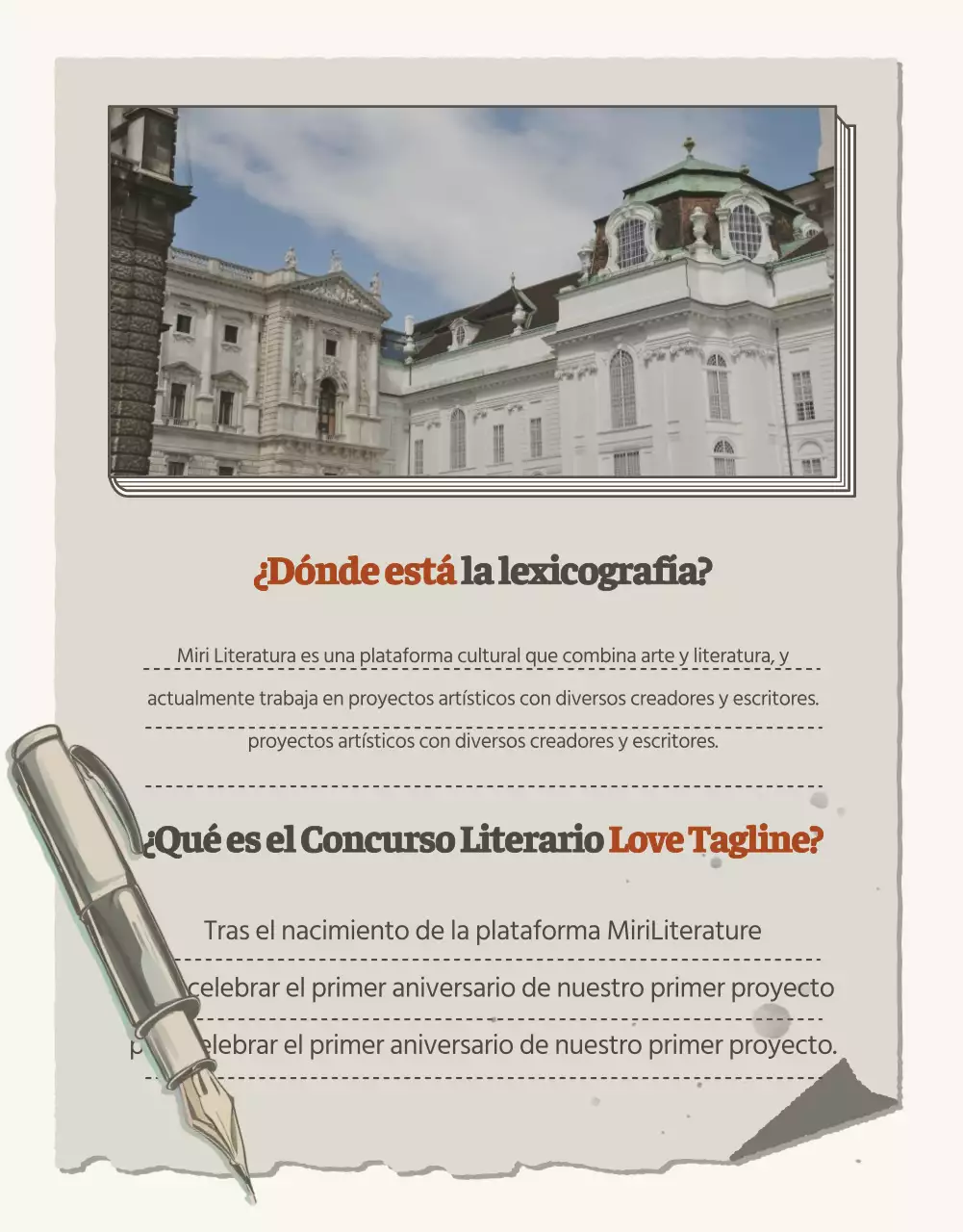 Anunciamos un concurso para un eslogan de amor literario de estilo vintage y sencillo en beige y marrón.