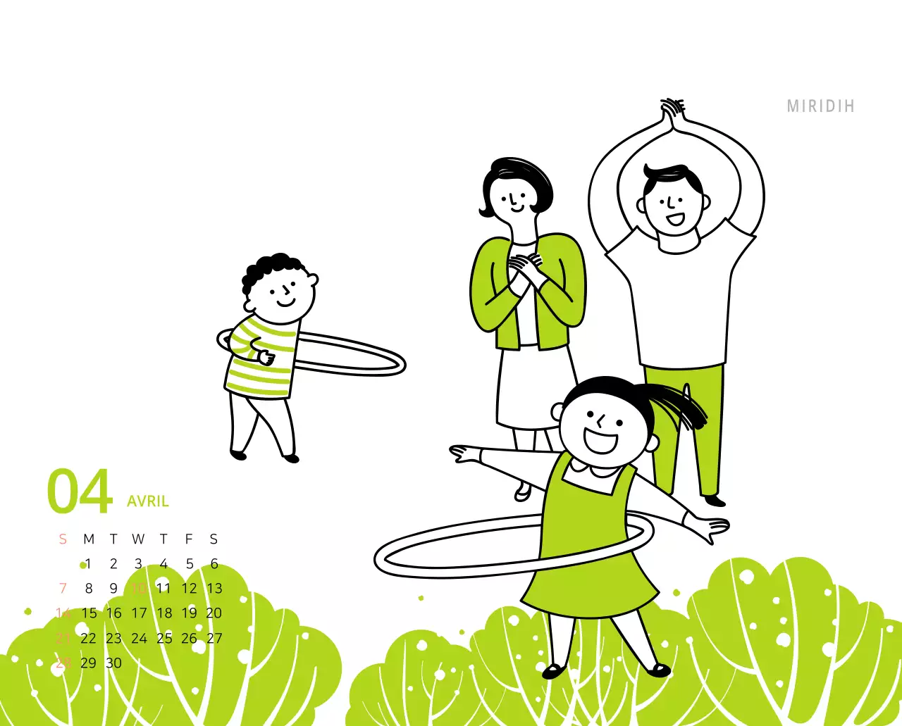 Calendrier de bureau illustré vert sur le thème de la famille