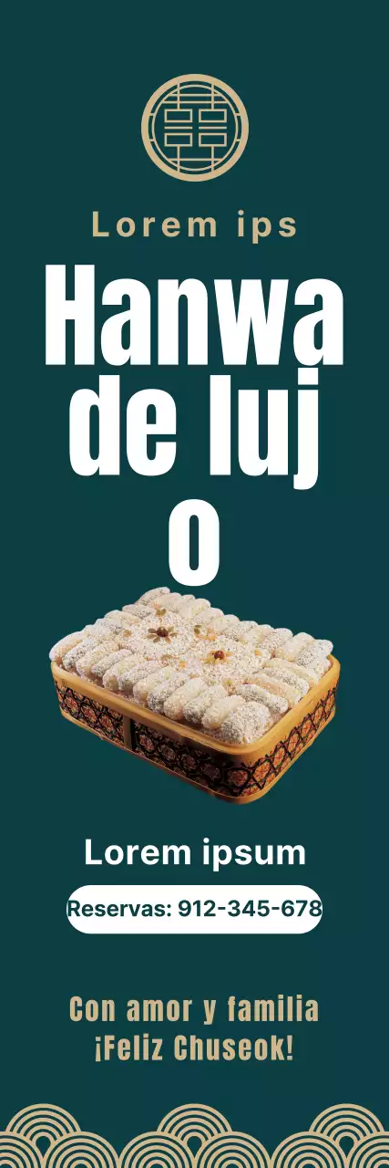 Promueva la reserva anticipada de juegos de aperitivos coreanos Chuseok con motivos tradicionales coreanos sobre un lujoso fondo turquesa.