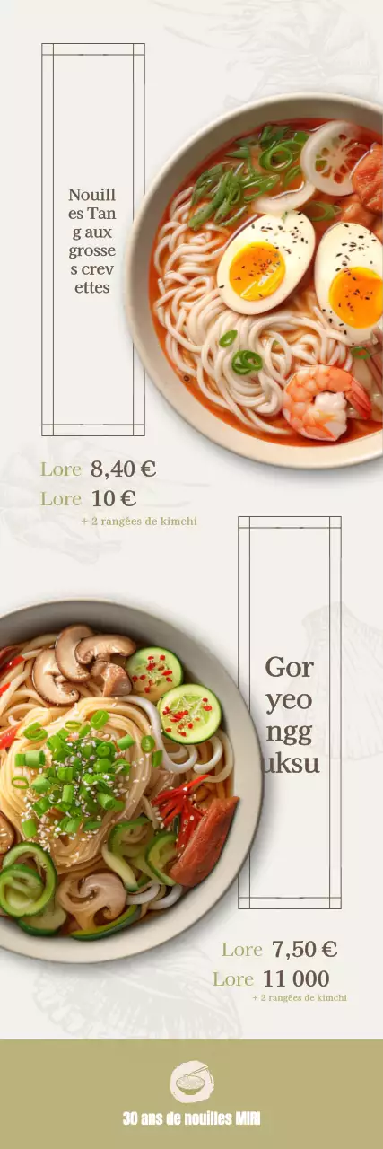 Conception pour promouvoir une gamme de plats de nouilles avec des illustrations de fruits de mer dans les tons beige et kaki.